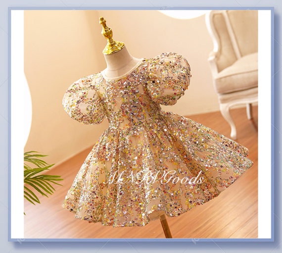 3T Golden Sequin Flower Girl Dress Sequined Toddler Dress Elegant