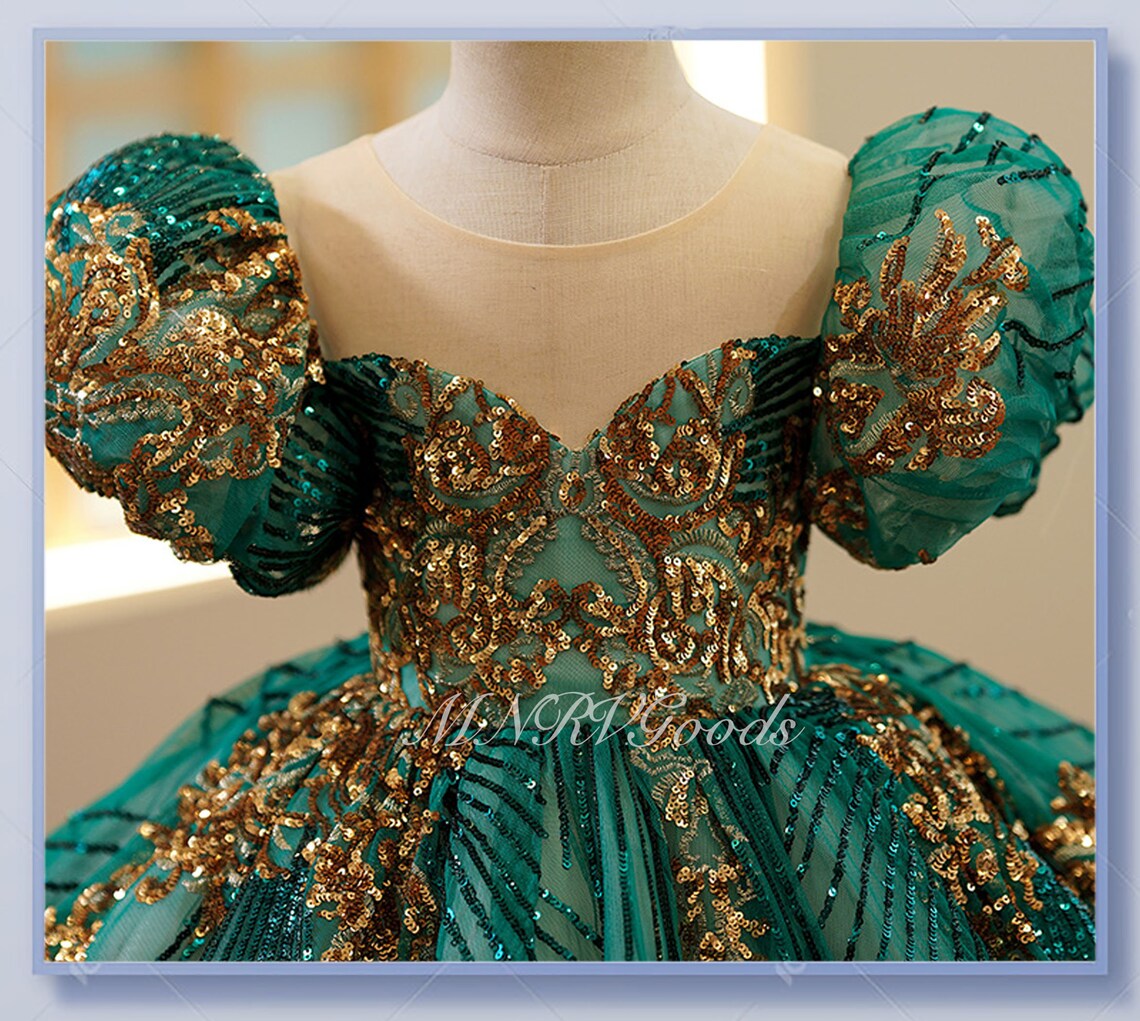 312T Emerald Green Flower Girl Dress Golden Sequin Dress Etsy