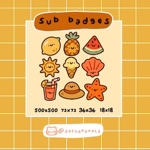 May include: A collection of summer-themed sub badges in a cartoon style. The badges include a lemon, pineapple, watermelon, sun, ice cream cone, seashell, juice, hat, and starfish. The text "Sub badges" is at the top, and the sizes are listed below.