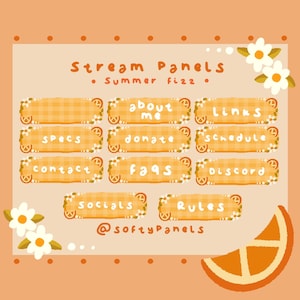 Peut inclure: Panneaux de flux sur le thème de l'orange avec le texte "Stream Panels - Summer Fizz". Les panneaux comprennent des étiquettes telles que "About Me", "Links", "Specs", "Donate", "Schedule", "Contact", "FAQs", "Discord", "Socials" et "Rules".