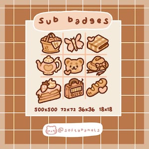 May include: A collection of nine brown and pink sub badges with a cute, hand-drawn style. The badges include a picnic basket, butterfly, blanket, teapot, teddy bear, hat, cake, radio, and bread. The text "Sub badges" is at the top.