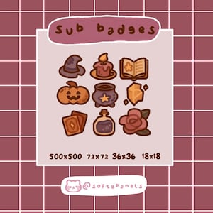 May include: A collection of nine cartoon-style sub badges with a witchy theme. The badges include a witch hat, candle, spell book, jack-o'-lantern, cauldron, crystal, tarot cards, potion bottle, and a rose. The text "Sub Badges" is at the top.