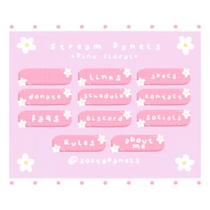 Puede incluir: Paneles de transmisión floral rosa con detalles de margaritas blancas. Los paneles incluyen texto para enlaces, especificaciones, donaciones, horario, contacto, preguntas frecuentes, Discord, redes sociales, reglas y sobre mí. El fondo es rosa claro.