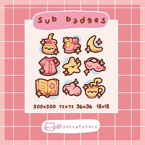May include: A collection of nine cute, cartoon-style sub badges in a soft color palette. The badges include a potion bottle, a flower, a crescent moon, a shirt, a star, a cloud, a book, a cloud, and a mug. The text "Sub badges" is at the top.