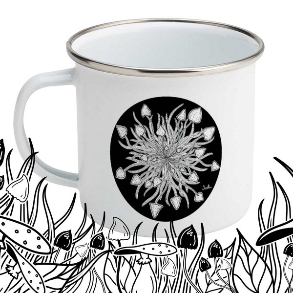 Metal Enamel Camping / Tasse de randonnée - 10oz - Art des champignons magiques en noir et blanc - Boissons chaudes et froides - Liberty Cap, Psilocybe semilanceata