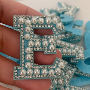 Remendo de carta brilhante de strass pérola azul, remendos de ferro, remendo diy para chapéu de roupas