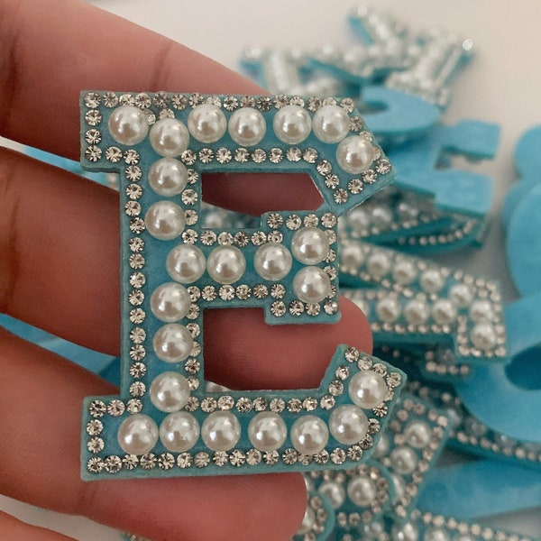 blue Pearl  Rhinestone Sparkle Letter Patch,Iron On Patches,Diy Patch For Clothing Hat