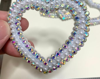 Pearl Rhinestone Heart Patch: Iridescent Iron-On Applique