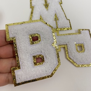 Parche de letras bordadas de chenilla blanca, parche de carta de chenilla de 3 pulgadas, parches de letras de hierro, parche de carta de varsity, parche para chaqueta