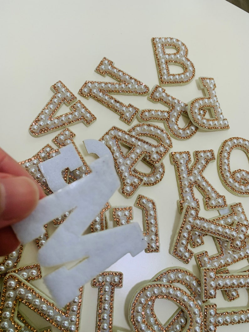 White Pearl Gold Rhinestone Sparkle Letter Patch,Personalized Patch,Handmade Letters Patches Bag Hat Jeans Applique DIY zdjęcie 6