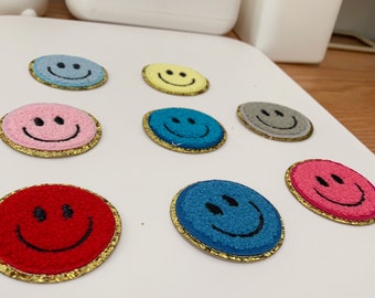 Chenille Smiley face,Chenille patch, Chenille Glitter Patch DIY Gift, Varsity Letter,Gold Glitter Trim,Embroidery Patch,patch for jacket