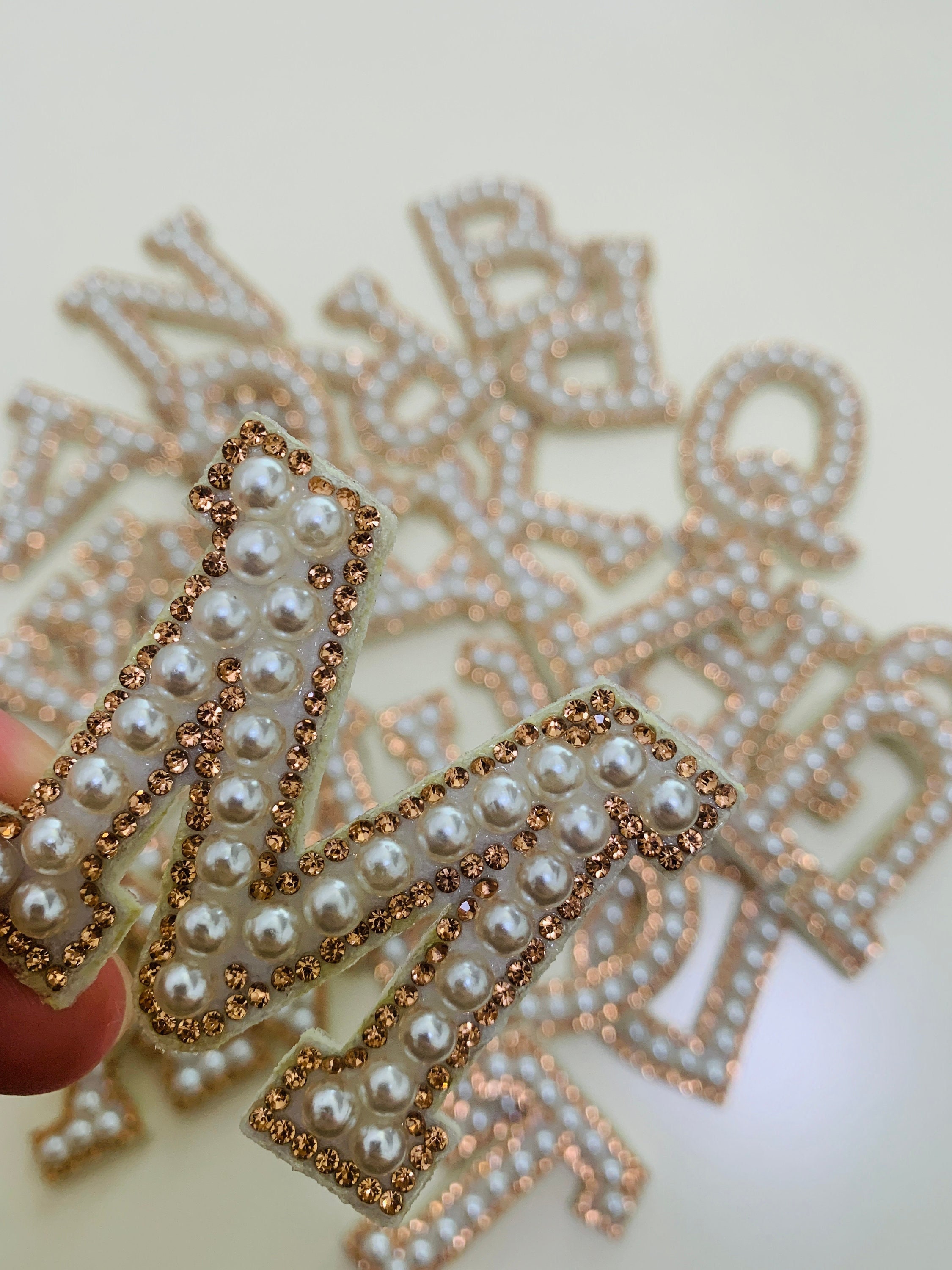 White Pearl Gold Rhinestone Sparkle Letter Patch,Personalized Patch,Handmade Letters Patches Bag Hat Jeans Applique DIY