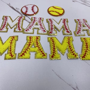 2.75 unidades de beisebol e softball de chenille, MAMA de beisebol, MAMA de softball, remendo de chenille de ferro, letras de chenille com brilho de beisebol