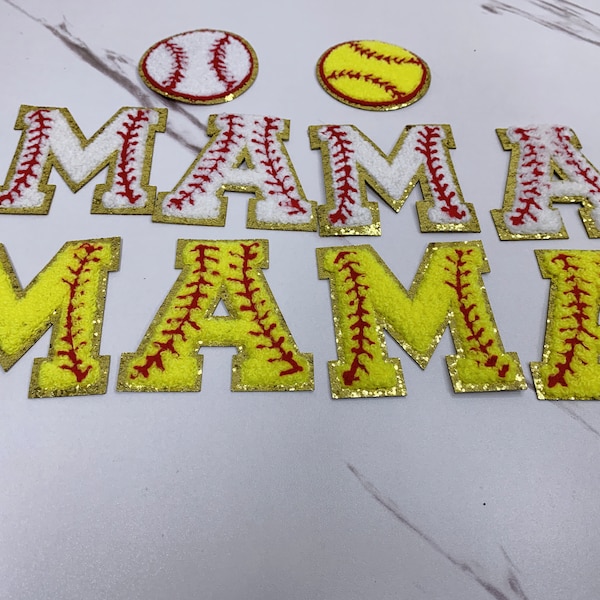 Béisbol y softbol de chenilla de 2,75 pulgadas, MAMA de béisbol, MAMA de softbol, parche de chenilla para planchar, letras de chenilla con purpurina de béisbol