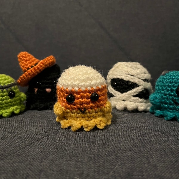 Crochet Halloween ghosts | Handmade Frankenstein monster, black cat, candy corn, mummy, and monster Halloween ghost plush