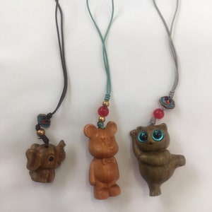 Key Ring Key Chain Lucky Charm Wooden Carved Animal Elephant Bear Cat