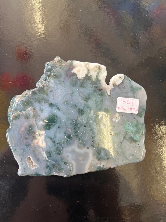 Moss Agate Crystal Natural Slab Free Form Free Standing Green & White Druzy Crystal Raw Stone Polished