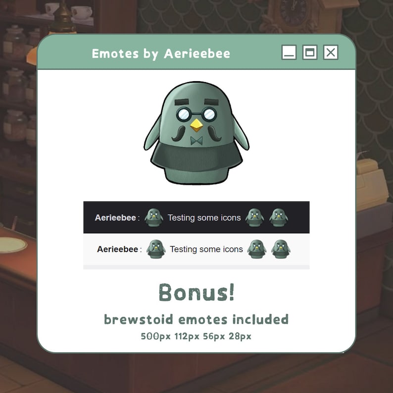 May include: A digital illustration of a green bird wearing glasses and a bow tie. The image includes the text "Emotes by Aerieebee" and "Bonus! brewstoid emotes included 500px 112px 56px 28px".