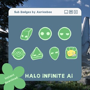 May include: A set of eight green and yellow digital badges with various shapes and designs. The badges are labeled "Sub Badges by Aerieebee" and "HALO INFINITE Ai".