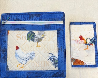 Chicken Project Bag & Matching thread keeper, cross stitch project bag, chicken project bag, handmade, thread keeper the back is a dark blue