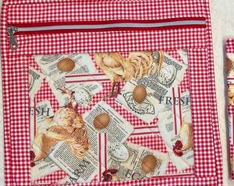 Red check gingham  Chicken Project Bag & Matching thread keeper, cross stitch project bag, chicken project bag, handmade, thread keeper