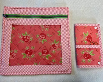 Coral cabbage roses on darker coral background Project or wip bag. Framed with light coral check comCoordinating thread keeper with scissors