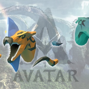 May include: A digital illustration of two fantastical creatures with open mouths and sharp teeth. The creature on the left is orange and black with a blue background. The creature on the right is green with a red tongue. The background is a blurry image of a landscape with a rainbow.