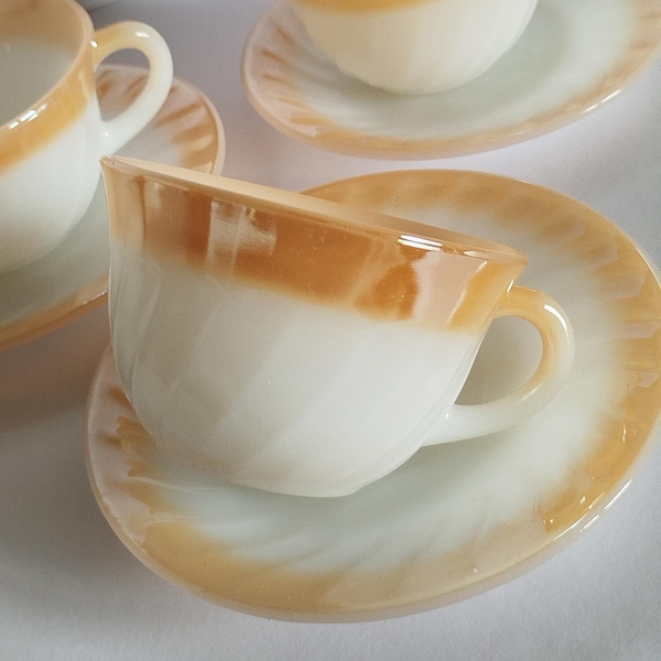 Set of 4 Vintage Fire King White and Peach Lustre Teacups and Saucers