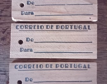 Juego de 3 etiquetas de regalo antiguas de madera 'Correio de Portugal'