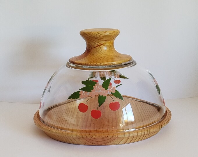 Vintage Cherry Motif Glass Cheese Dome with Board