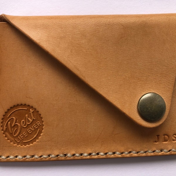 JW Contact Card Holder - Genuine Veg Tan Leather - Best Life Ever - Hand Made - Hand Stitched - Hand Stamped - Personalized