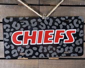 KC CHIEFS Black Leopard License Plate - Custom Chiefs License Plate -Front License Plate - Arrowhead License Plate - Aluminum License Plate