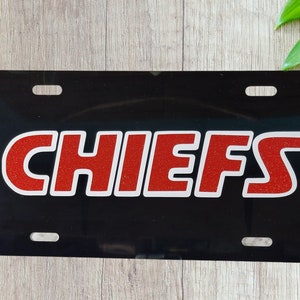 KC Chiefs License Plate: Red Glitter Vinyl, Arrowhead Football