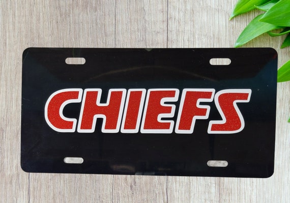 KC Chiefs Black License Plate: Red Glitter Vinyl - Aluminum Front Plate