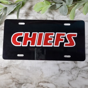 KC Chiefs Black License Plate: Red Glitter Vinyl - Aluminum Front Plate image 2