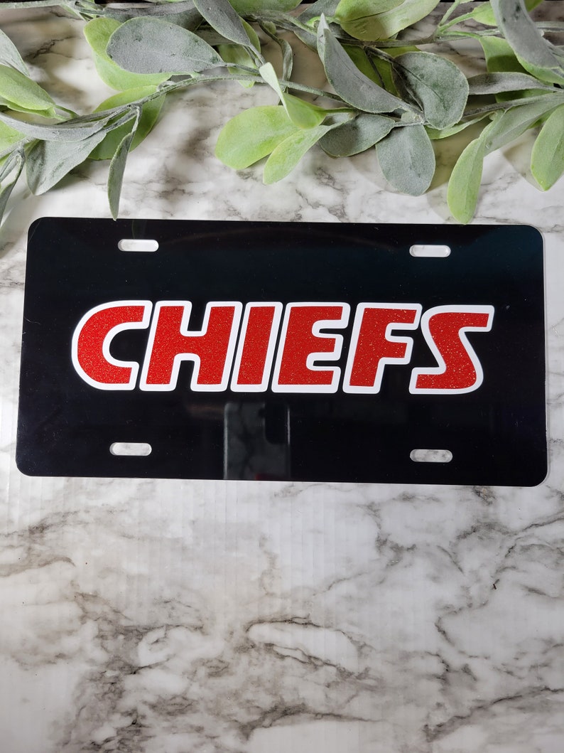 KC Chiefs Black License Plate: Red Glitter Vinyl - Aluminum Front Plate image 2