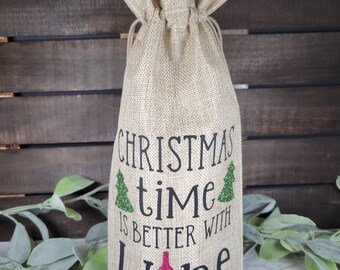 Funny Christmas Burlap Wine Bag - Hostess Gift
