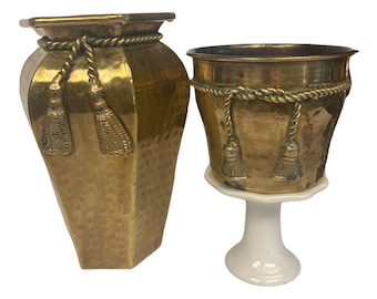 Vintage Tassel and Rope Hammered Brass,  Vase and Pot, Made in India.