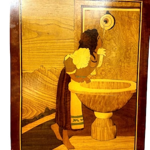Vintage Inlaid Wood Art - Roman Girl at Fountain