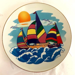 Vintage Sailboat Deco Plate Colorful Retro