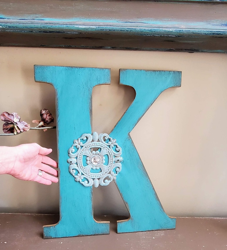 Large Rustic Letter K Wall Decor Nursery Wooden Wedding Gift With Metal Accent Lettering Big