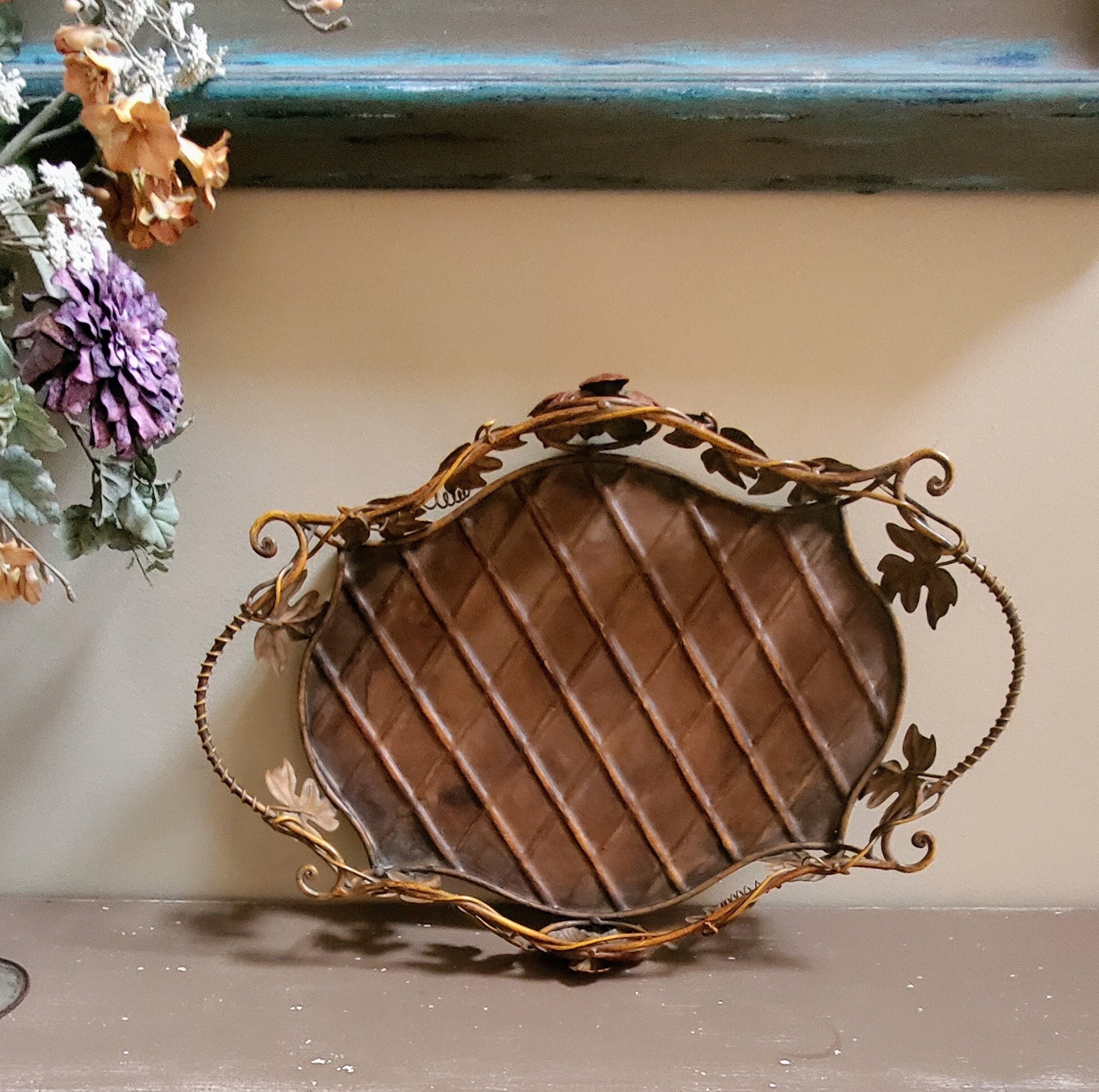 Large Metal Tray Serving Vintage Decorative Mid Century Floral Home Large metal tray serving vintage decorative mid century floral home