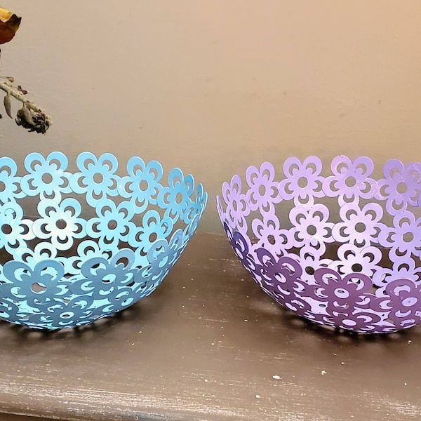 Floral Metal Filigree Serving Bowl Decorative Home Decor Housewares Vintage House Ware Dish Pattern Flower Teal Lavender Color Dinner Party