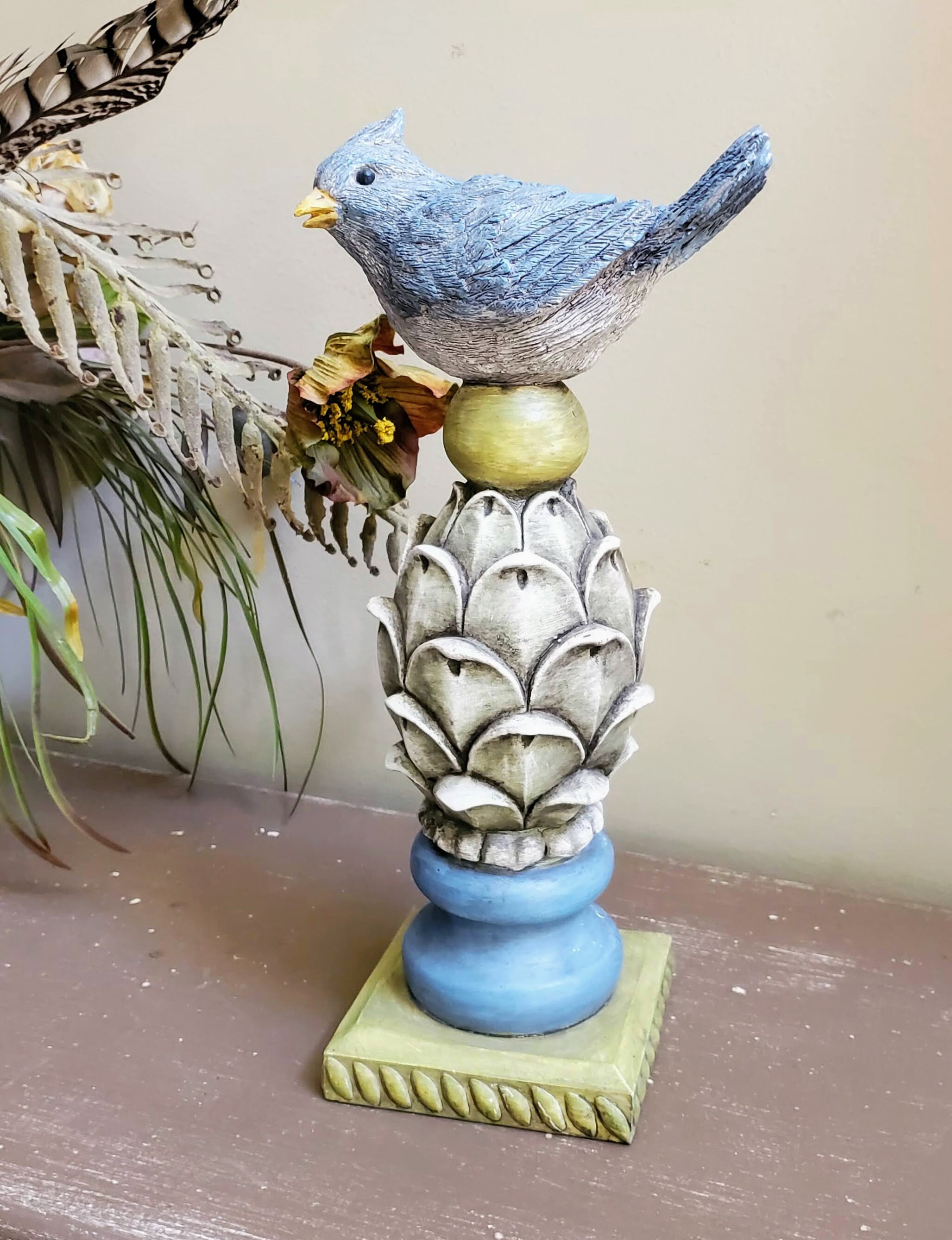 Blue Bird Statue Tall Jay Figurine Wood Decor Home Wooden Vintage Hand