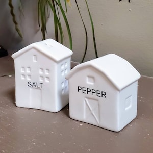 Farmhouse Salt and Pepper Shakers House Barn White Decor Kitchen Vintage Whimsy Home Farm Table Collectible Ceramic Set Country Cottage Core