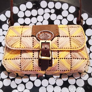 Bolsa de paja natural de rafia de ganchillo, bolsa de cuero y ganchillo, bolsa de paja hecha a mano, bolsa boho