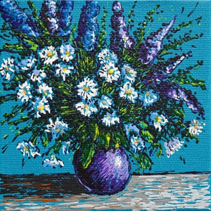 Small Impressionist Painting, Flower Bouquet, Acrylic on Panel, Mini Art