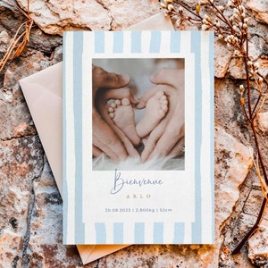 Fairepart de naissance annonce bébé à personnaliser avec photo rayures lignes aquarelle bleu douceur carte annonce fille garçon prénom