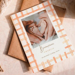 Fairepart de naissance annonce bébé à personnaliser avec photo rayures lignes aquarelle orange douceur carte annonce fille garçon prénom