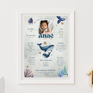 Affiche Anniversaire Bébé Enfant Personnalisé avec photo Océan Animaux Marins Baleine Méduse Coraux étoile de mer 1an 2ans adjectif qualité
